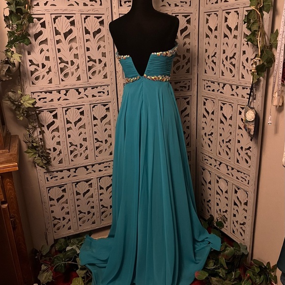 BLUSH PROM JAZZY JEWELS TURQUOISE GREEN STRAPLESS MAXI FORMAL PROM DRESS GOWN - Picture 6 of 11